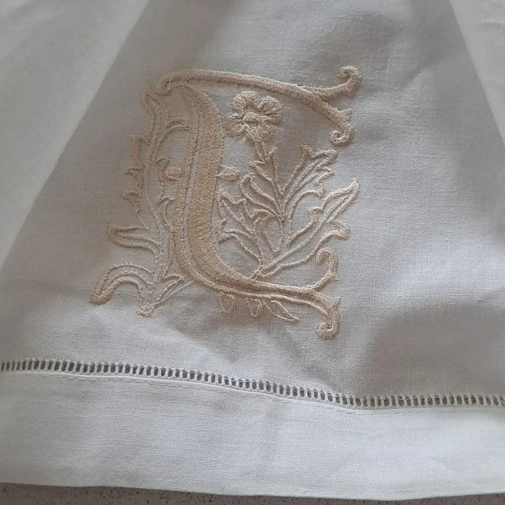 Guest Towel White Linen Embroidered Letter “T” in Cream Guest Bath Towel Cotton